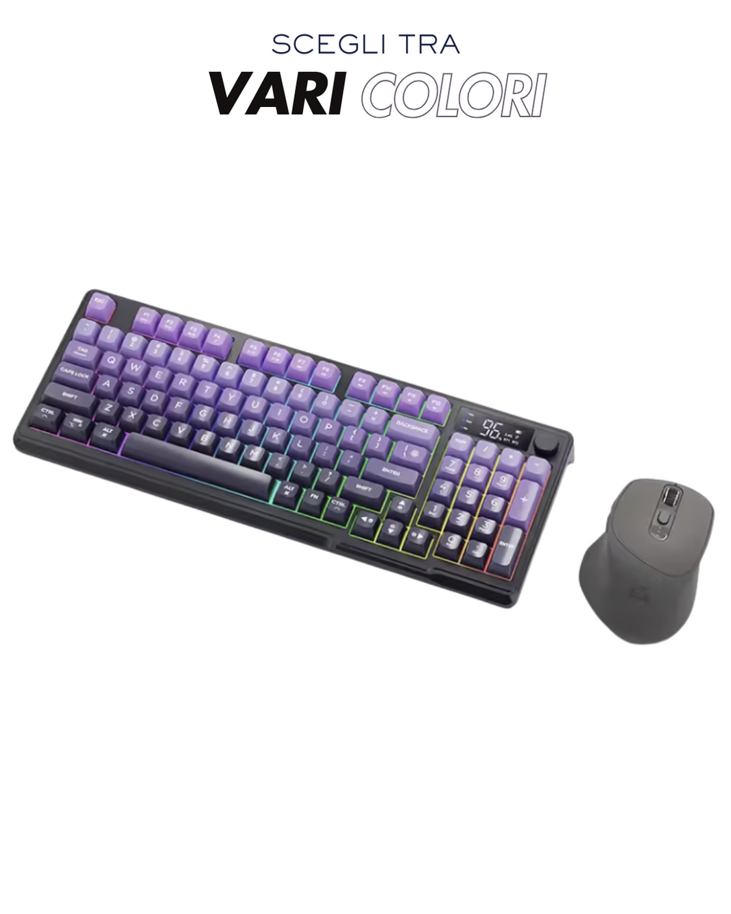 MG M96 PRO SET, TASTIERA WIRELESS RGB 96 TASTI CON DISPLAY DIGITALE + MOUSE GAMING WIRELESS X7, DUAL MODE BLUETOOTH/2.4G