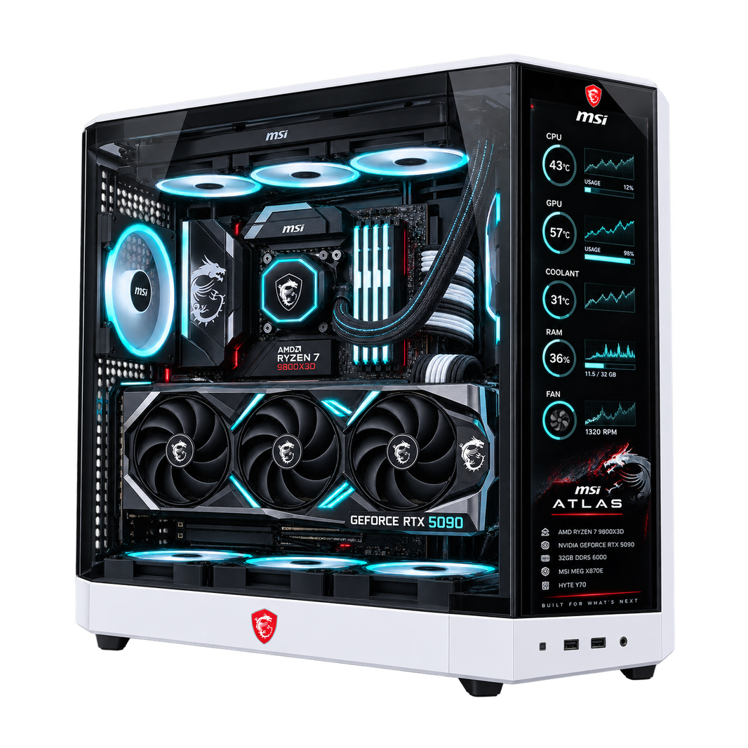 PC Gaming MSI ATLAS con RTX 5090, display temperature e case configurabile fra 27 modelli