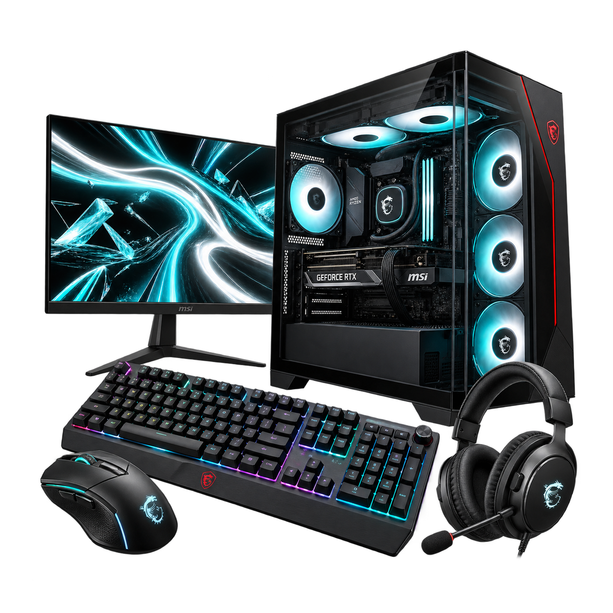 Bundle Gaming MSI BASTION con PC doppio vetro, monitor 180 Hz, tastiera, mouse e cuffie