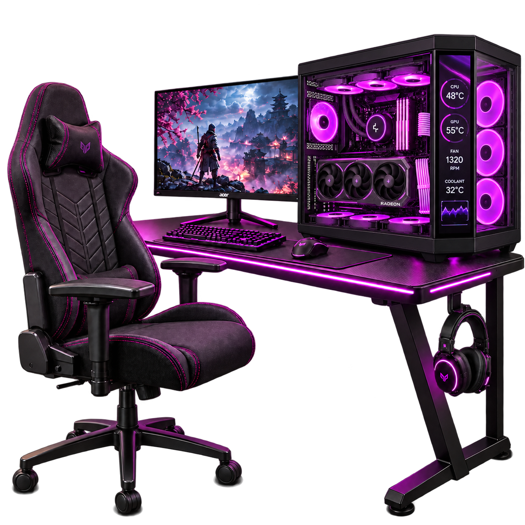 Setup Gaming SINNER con PC dual chamber full ventole e display temperature, monitor Acer Nitro, scrivania NOUA WIN PRO RGB e sedia NOUA GRID