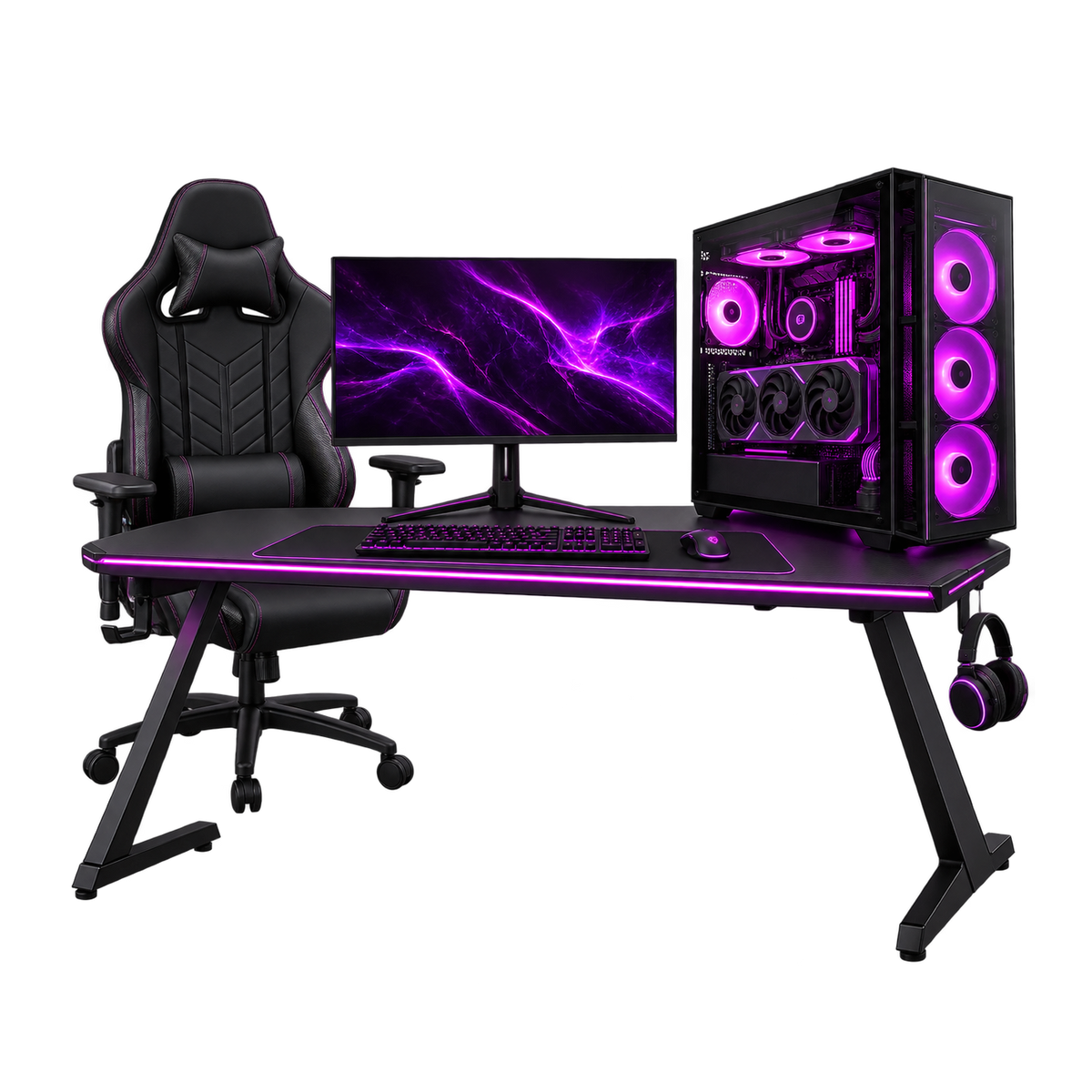 Setup Gaming SINNER completo con PC doppio vetro, monitor, scrivania, sedia, tastiera e mouse