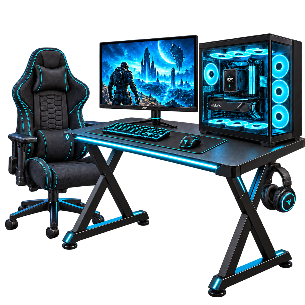 Setup Gaming VOLT HOT CYAN con PC dual chamber full ventole, monitor Acer Nitro, scrivania NOUA WIN PRO RGB e sedia NOUA GRID