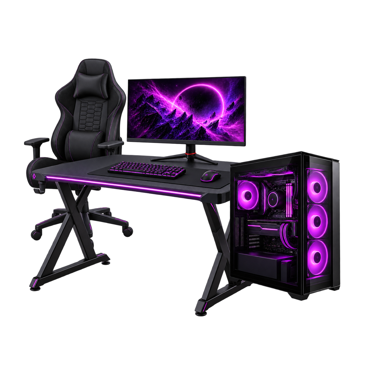 Setup Gaming VOLT completo con PC doppio vetro, monitor, scrivania, sedia, tastiera e mouse