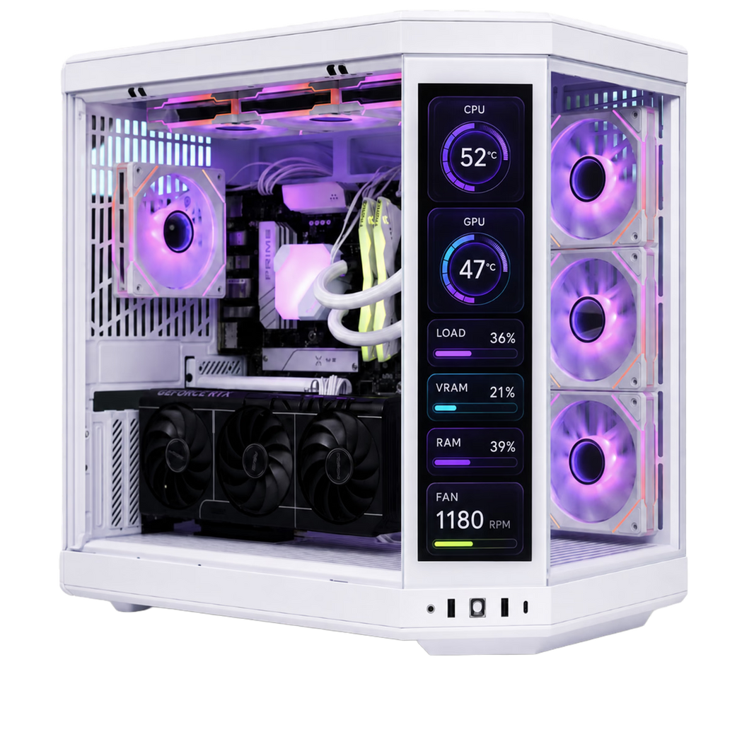 PC Gaming Custom INFERNUS Ryzen 7 9800X3D RTX 5070 bianco con display temperature CPU GPU