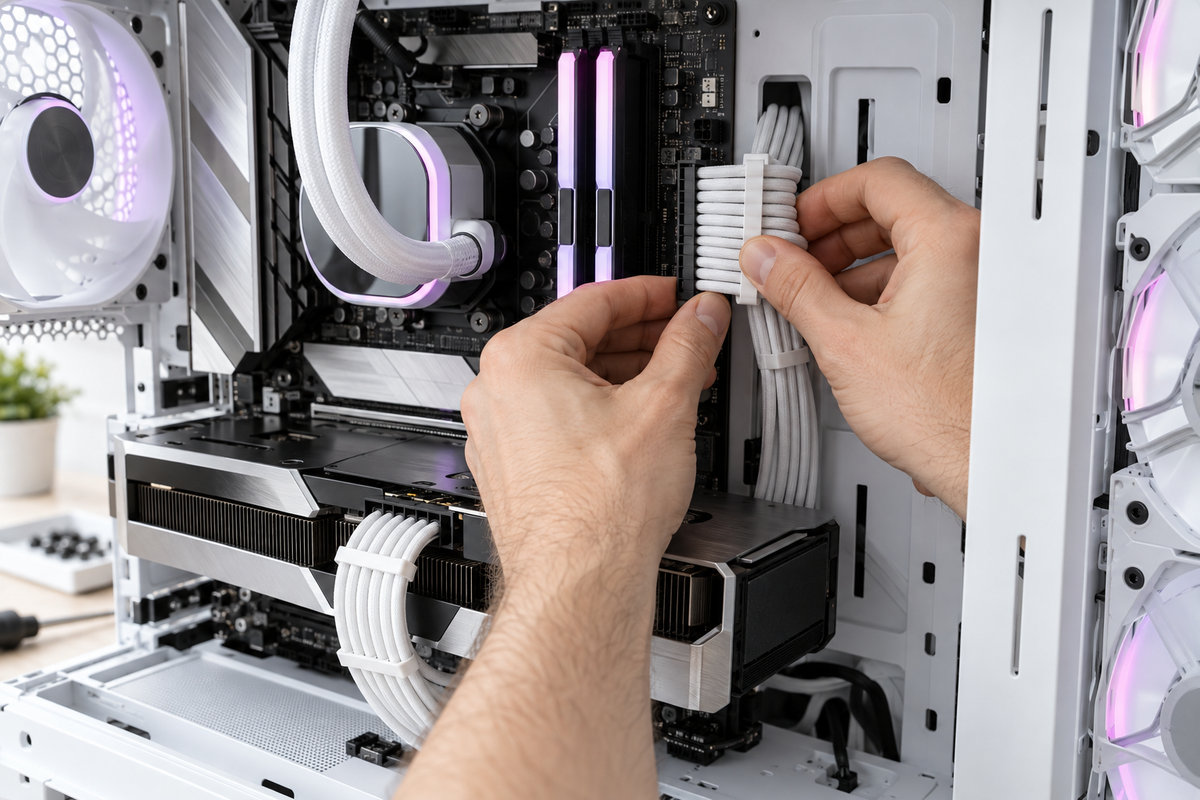Illustrative close-up of hand-routed cables inside a white gaming PC